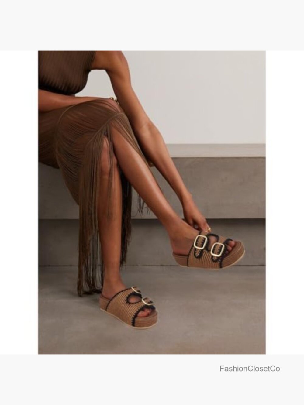 Women's Raffia Platform Slide Sandals Double Buckle Espadrille Summer Woven - Picture 2 of 7